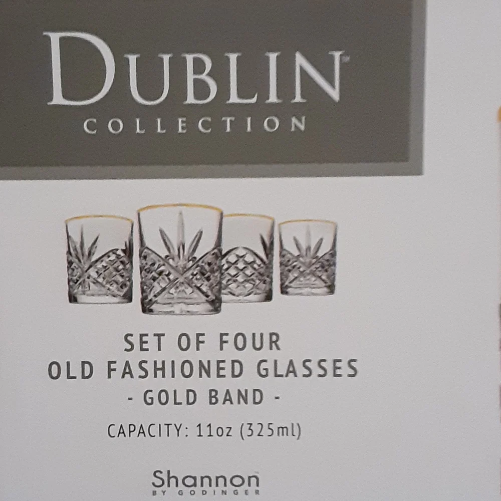 Dublin Collection Cut Crystal set of 4 old fashion glasses gold band 11 oz New…